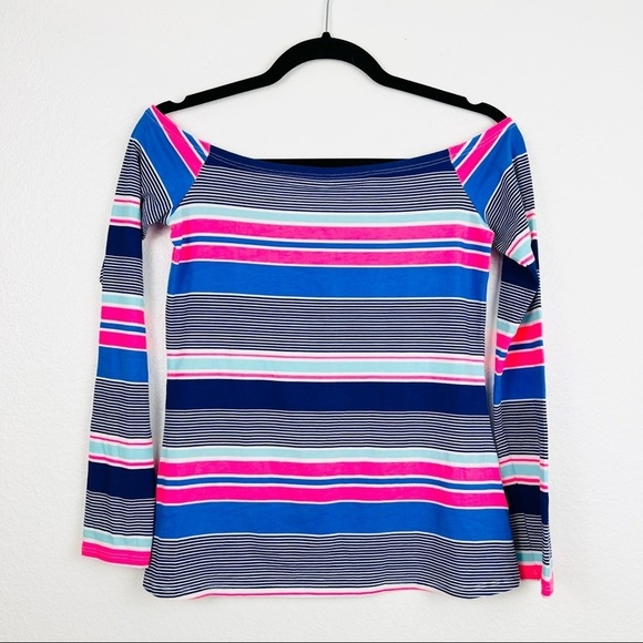 LILLY PULITZER Audelia Off the Shoulder Top True Blue Kaleidoscope Stripe, XS - Picture 2 of 8